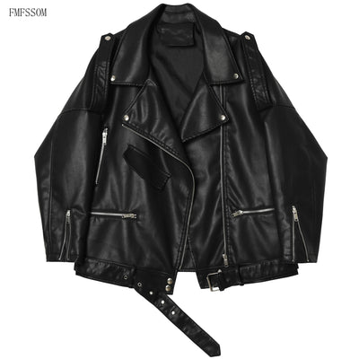 FMFSSOM Spring Autumn Faux Soft Leather Loose Jacket Women Lapel Zipper Pu Leather Coat Moto Bike Outwear Chic Female with Belt