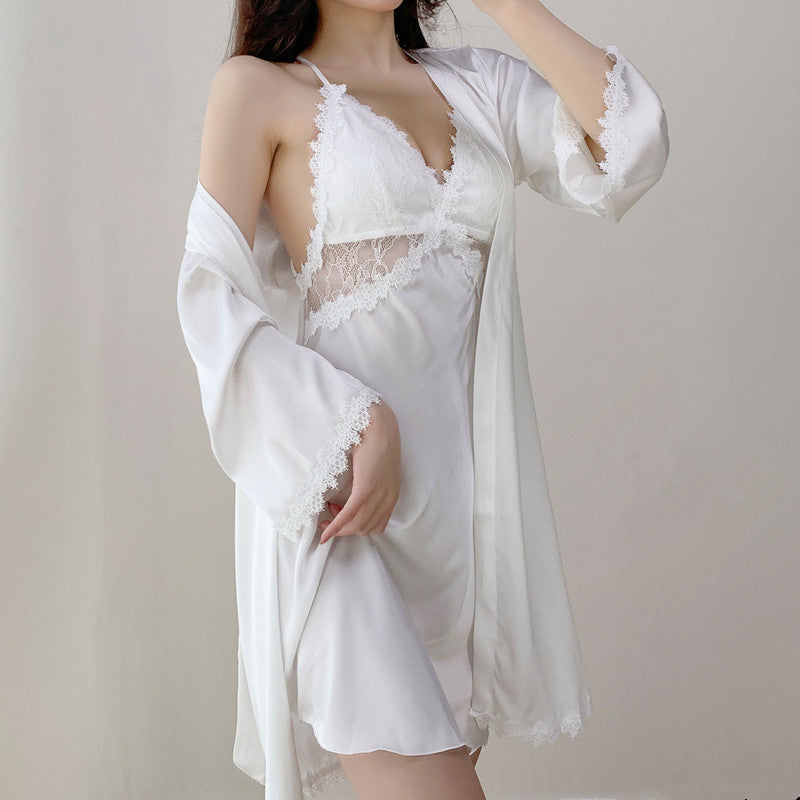 Hollow Out Lace Women Sleepwear Suspender Nightgown Suit White Satin Wedding Robe Sexy Loose Kimono Bathrobe Intimate Lingerie