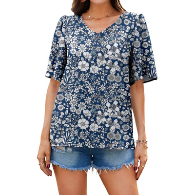 Shirt for Women Short Sleeve Women Casual Shirt Summer Ruffle Top Short Sleeve V Neck Printed Lounge Shirts Women Loose Fit