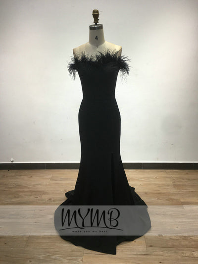 MYMB 2022 Nice Prom Dress Feather Applique Mermaid Crepe Evening Dress Sexy Bodice Split Scoop Neck Girls Graduation Party Gown