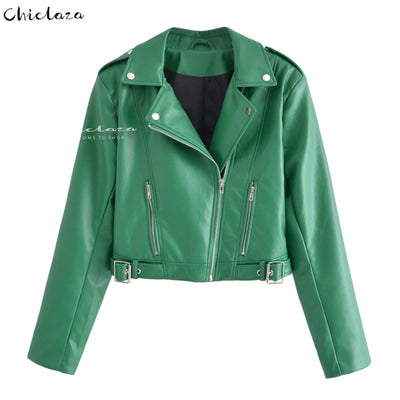 CHICLAZA Women 2022 Spring Autumn Fashion Vintage Green Faux Leather Jacket Casual Zipper Black Biker Coat Female Short Outwear