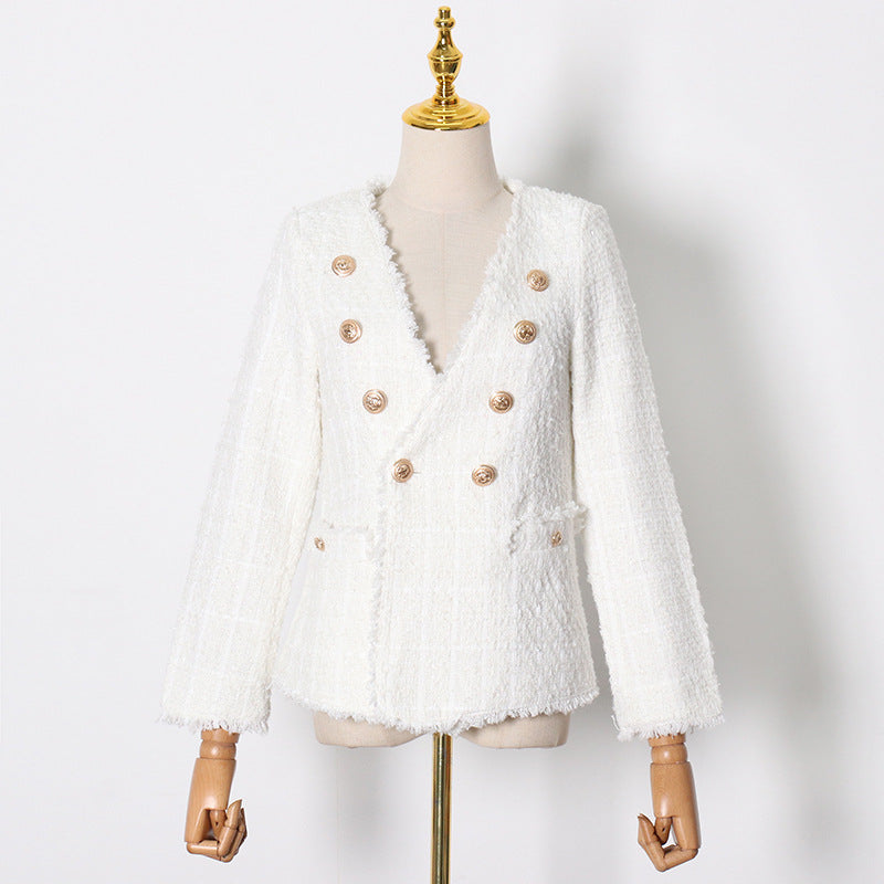 Plaid Tweed Burr Blazers Women White V-Neck Double Breasted Long Sleeve Office Work Suits Woman Slim Fashion Solid Colors Blazer
