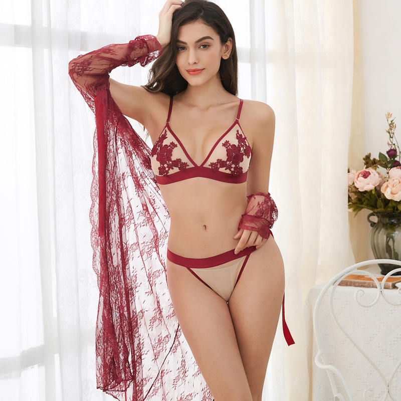 Ningsige Sexy Embroidery Wire Free Thin Cup Bra Set Robe+bras+thongs 3pcs S-XL for Women