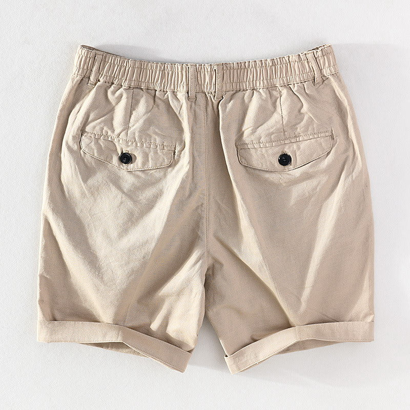Summer Men&#39;s Casual Cotton Linen Shorts Youth Thin Tethered Elastic Waist Straight Five-point Pants H002