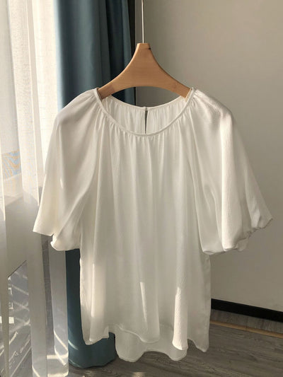 2022 Summer Lady French O-Neck  Silk Blouse Loose Ladies Lantern Sleeve Loose Elegant Pullover Shirt Tops All-Match
