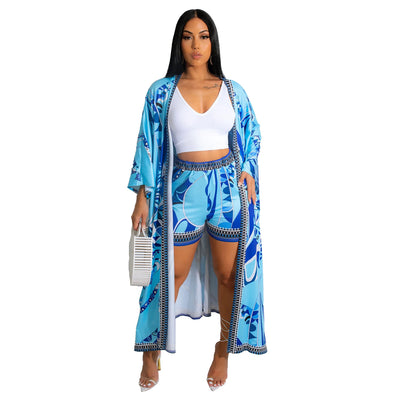 DPSDE 2022 Ladies Popular Sexy Long Sleeved Cardigan Coat Shorts Positioning Print Fashion Casual Two Piece Set