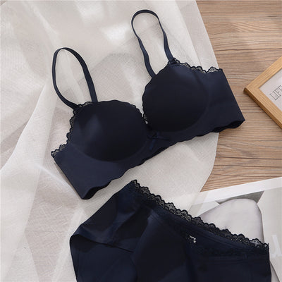 Glossy seamless underwear girl thin small breasts show big bra gathered one piece comfort bralette set without steel ring