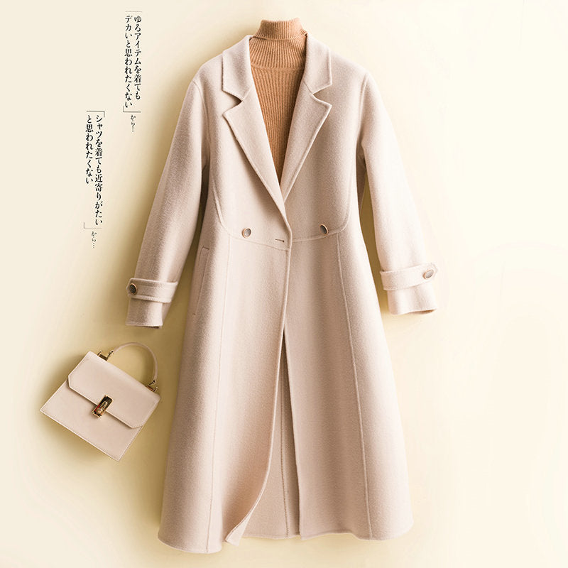 Double-sided woolen cashmere coat women&#39;s mid-length loose over-the-knee high-end woolen woolen coat tie