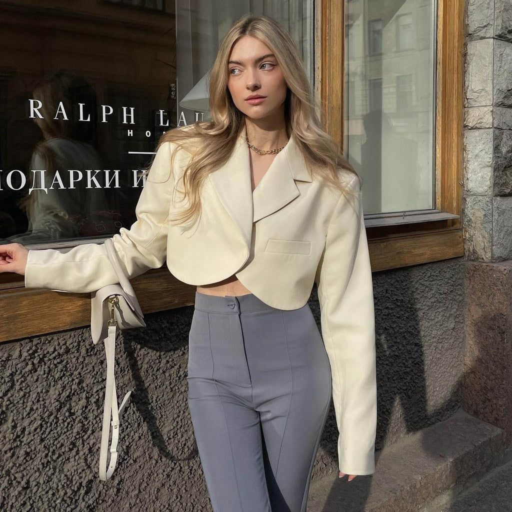 QXIUIXP Winter Cropped Women Slim Elegant Blazers Solid Color All-match Long Sleeve Blazer Covered Button Quality Jacket Femme