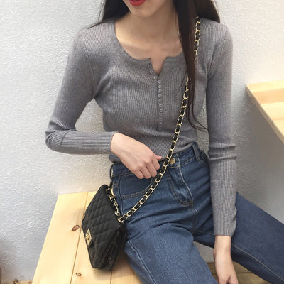 Vintage Women Pullovers Soft Stretch Female Sweaters Pink Grey Black Knitting Tops Button Up Femme Jumper Long Sleeve Cashmere