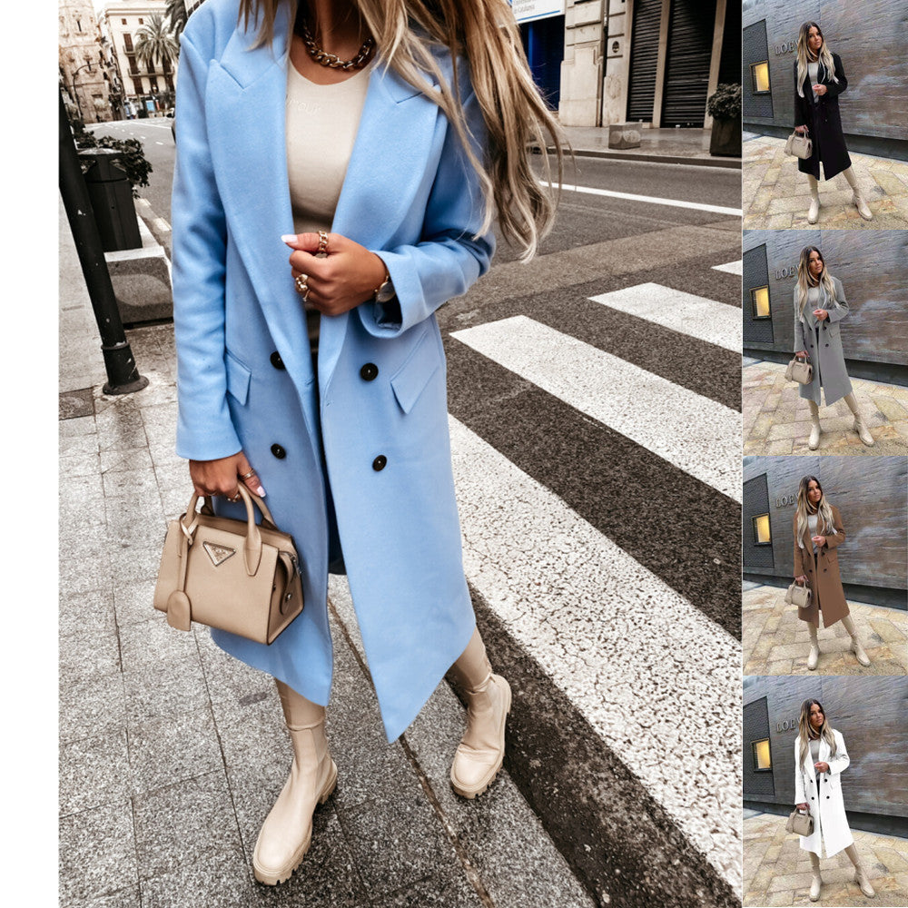 2022 autumn and winter long-sleeved suit collar double-breasted Nizi coat women&#39;s
