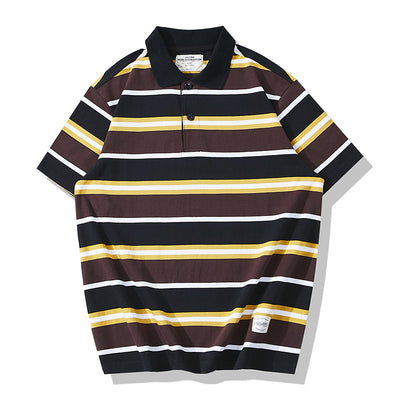 Summer Fashion New High Quality Cotton Stripe Polo Shirt Men Color Stitching Lapel Short Sleeve T Shirt Heavy Thick Casual Tops