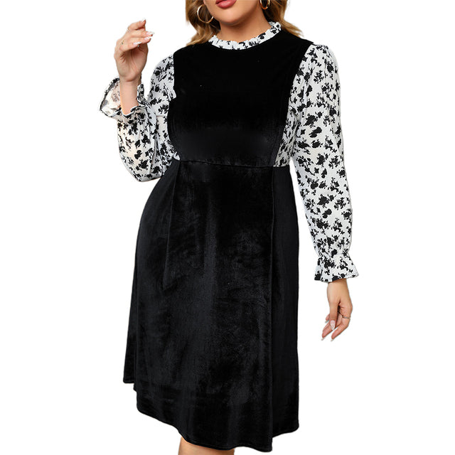 Women Plus Size Long Sleeve Dress Stand Collar With Floral Stitching And Flared Sleeves Velvet Floral Print Dress XL-4XL 5XL