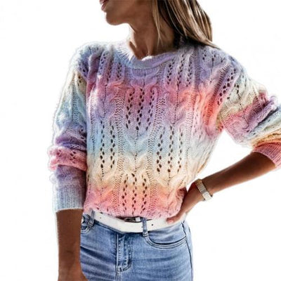 Women Stylish Irregular Gradient Color Round Neck Sweater Knitwear Knitted Pullover All Match  for Daily Wear