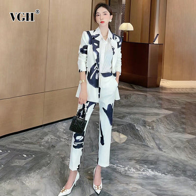 VGH Two Tone Sets For Women Casual Notched Long Sleeve Blazers High Waist Full Length Pants Female Colorblock Two Piece Set 2021