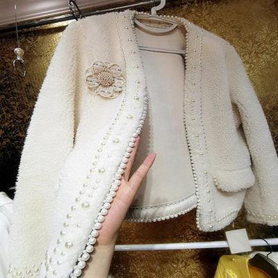 High-end winter braided pearl fur coat women fashion three-dimensional flower small fragrance lamb outwear
