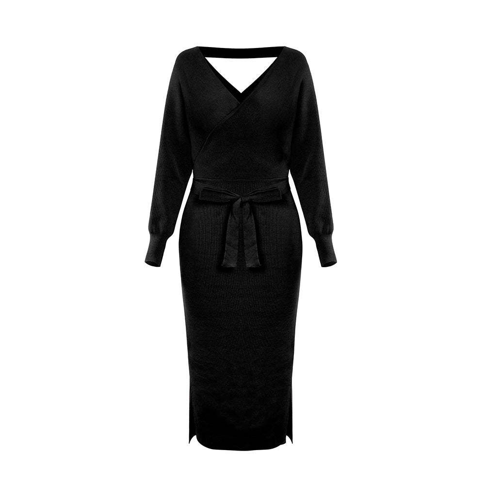 2021 Women&#39;s Clothing Autumn and Winter New Knitting Fashion Fall Long Sleeve Dress Slim Double V-neck Sweater Party Dress