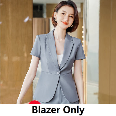 New 2022 Summer Formal Women Business Suits Skirt and Jacket Sets Short Sleeve Office Ladies Work Uniform Grey Beauty Salon