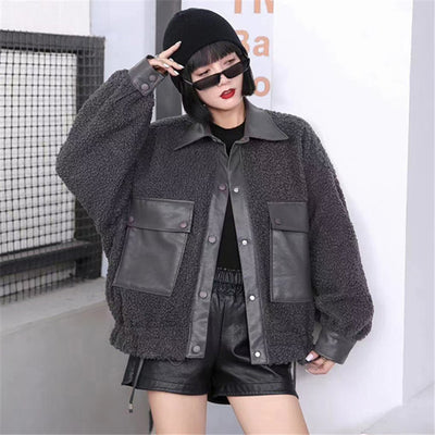 New Autumn women&#39;s PU leather stitching imitation lamb fur loose jacket short girl warm rider jacket artificial fur coat winter