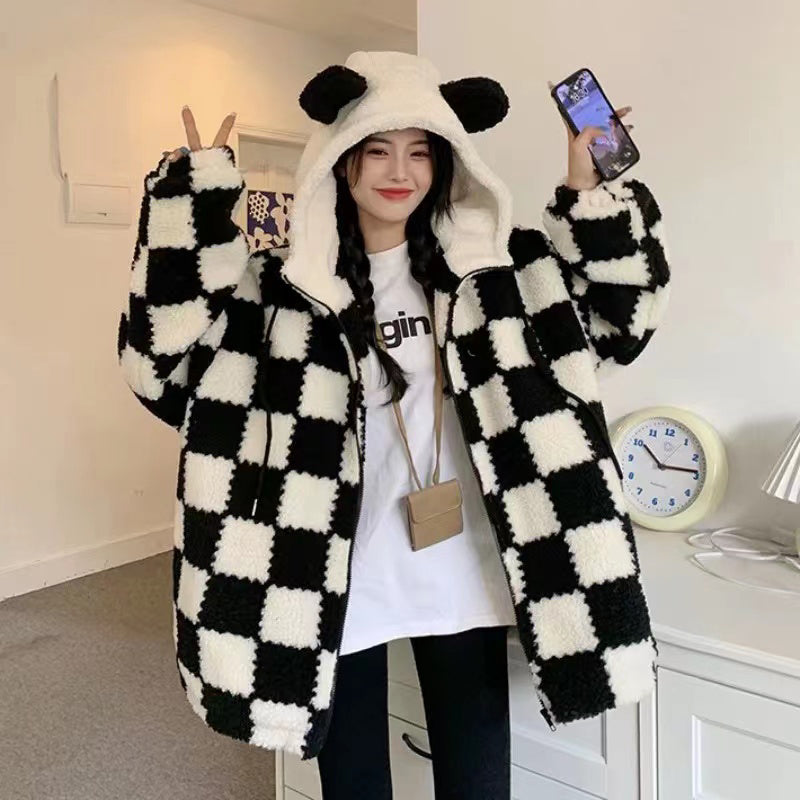 Oversize Autumn Female Clothing Winter Warm Loose Outwear Fashion Casual Jacket for Girls Hooded Faux Fur Splicing Women Coat