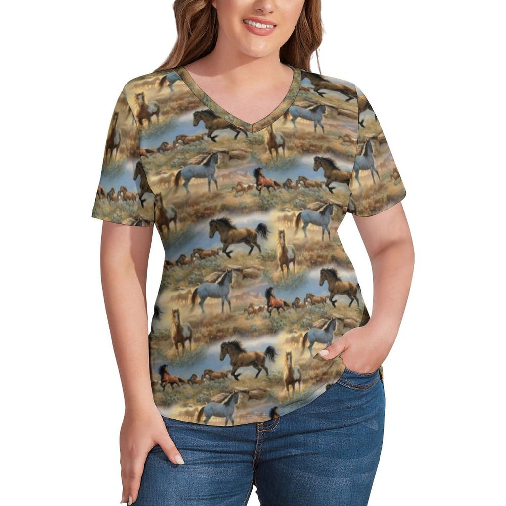 Prancing Horse T Shirts Sunset Rainbow Print V Neck Simple T-Shirt Short Sleeve Ladies Hip Hop Tshirt Graphic Tops Plus Size 4XL