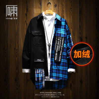 Fashion Brand Stitching Plaid Long-Sleeved Shirt Men&#39;s Trendy Men&#39;s Fleece-Lined Thermal Long National Fashion Shirt Coat Men&#39;s