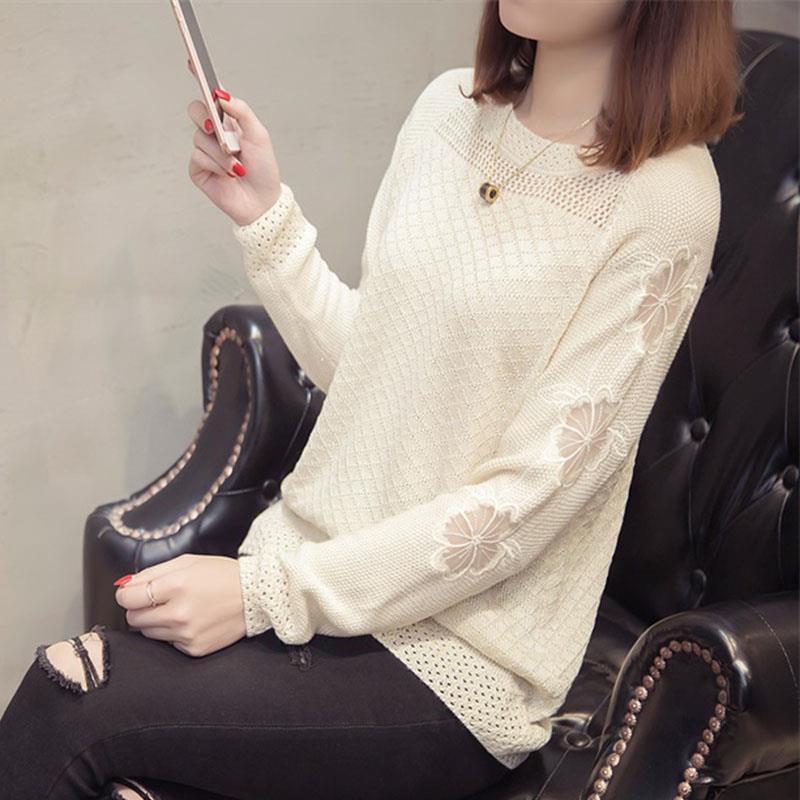 Vintage Temperament O-Neck Floral Knitwear Women&#39;s Clothing Hollow Out Spring Summer Loose Slight Strech Pullovers Long Sleeve