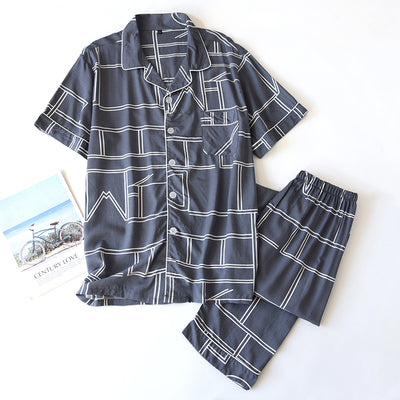 Spring Summer New Men Cotton Silk Pajamas Viscose Ensemble Suit Male Homewear Set Pyjama Pijama Masculin Short Sleeve Trousers