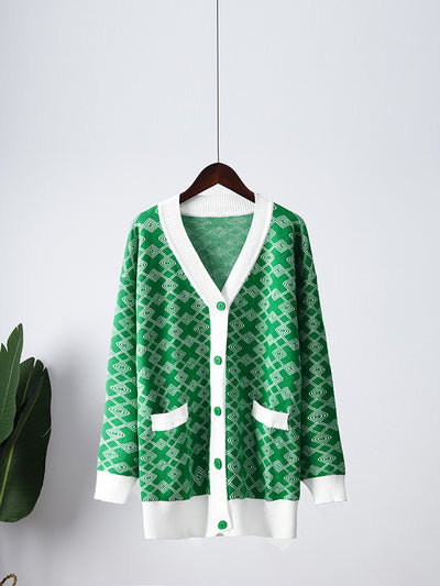 Women V-neck Checkered Print Knitted Cardigan Fashion Female Buttons Casual Long Sleeve Sweater Cardigan With Pocket 2022 Autumn