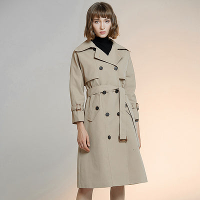 2021 new women's British silhouette solid color windbreaker temperament belt double breasted long sleeve coat women