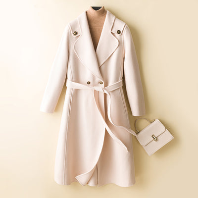 Double-sided cashmere women's coat woolen coat pure wool mid-length over-the-knee lace-up suit collar loose trench coat