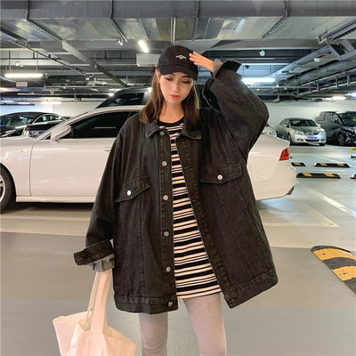 Jacket Jeans Women Denim Coat Korean Style Designer Single Breasted Solid Pockets Fashion Turn-down Loose Casual Denim Women