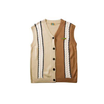Japanese V-Neck Sweater Vest Colorblock Vintage Letter Love Pullovers Causal Loose Knitted Sweaters Couple Unisex Jumper Autumn