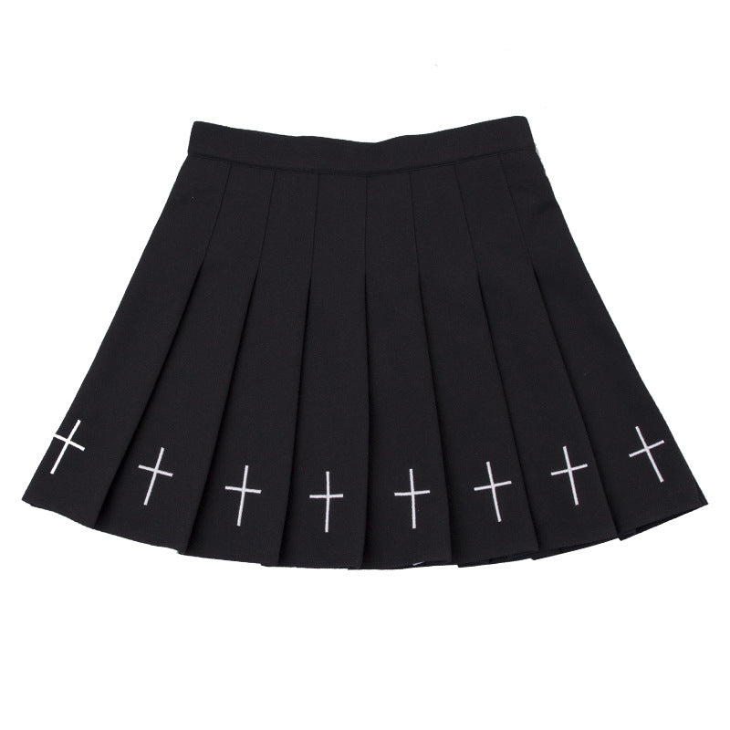 Summer Pleated Women&#39;s Street Style All-match Black Skirt Gothic A-line Embroidered Mini Skirt