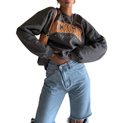 Women Spring Casual Loose Sweatshirt Round Neck Long Sleeve Alphabets Pattern Baggy Hoodies Coat Vintage y2k Harajuku Pullovers