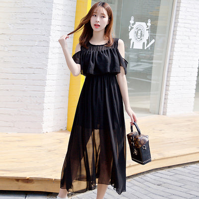 Women Summer Dress Chiffon Floral Print Off Shouder 2022 New Elastic Waist A-line Ruffle Midi Dresses Female Vestidos Robe Femme