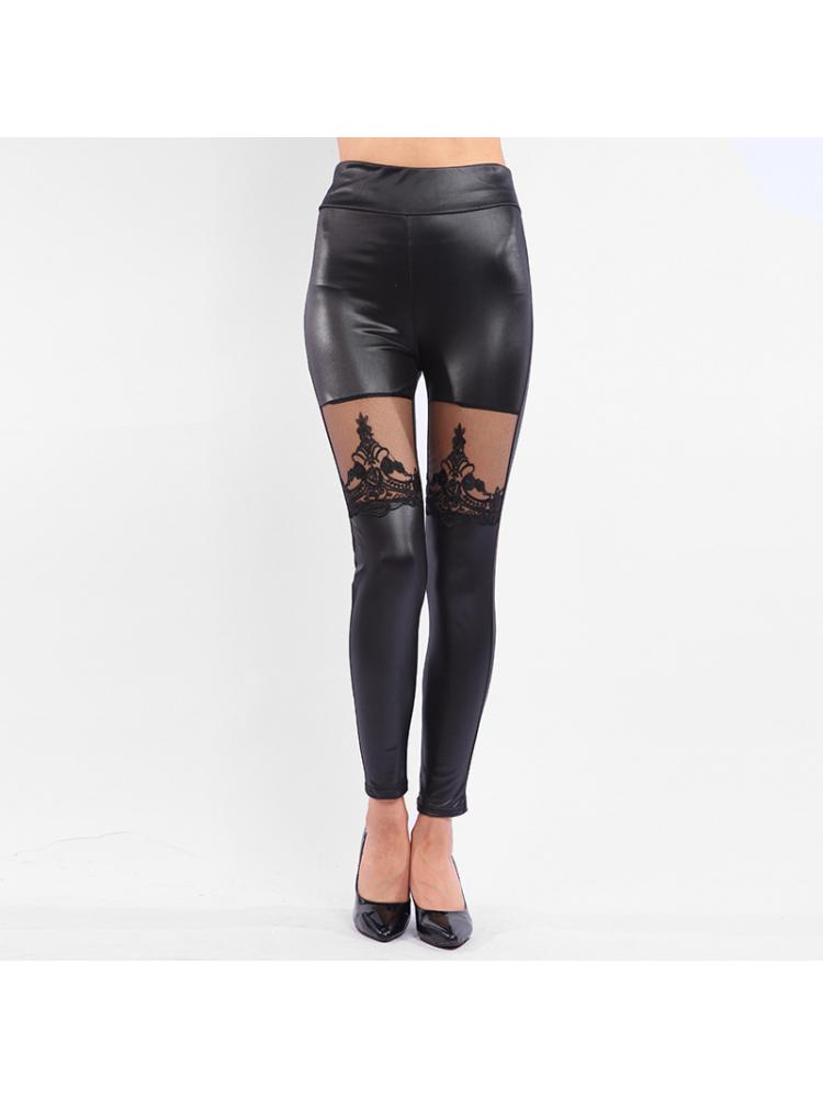 S M L 2021 New Women Polyester Black Faux Leather Mesh Splicing High Waist Large point Pants Sexy Lace Embroidery Leggings