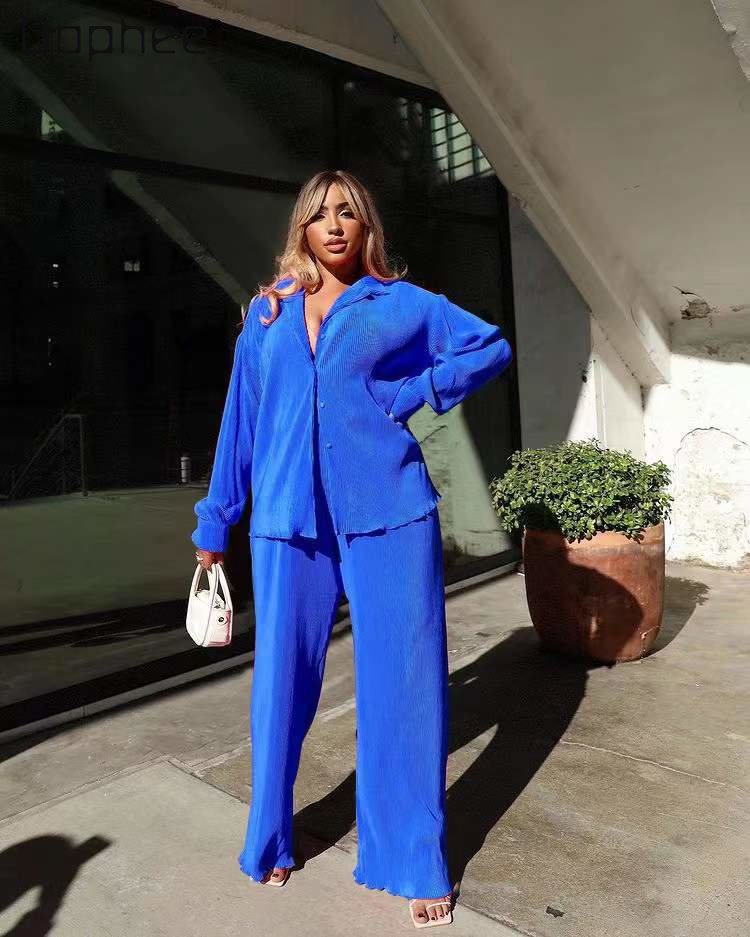Spring and Summer Sexy Pleated Casual Shirt and Wide Leg Pant Suits for Women Fashion Loose Multicolor Pant Sets for Ladies