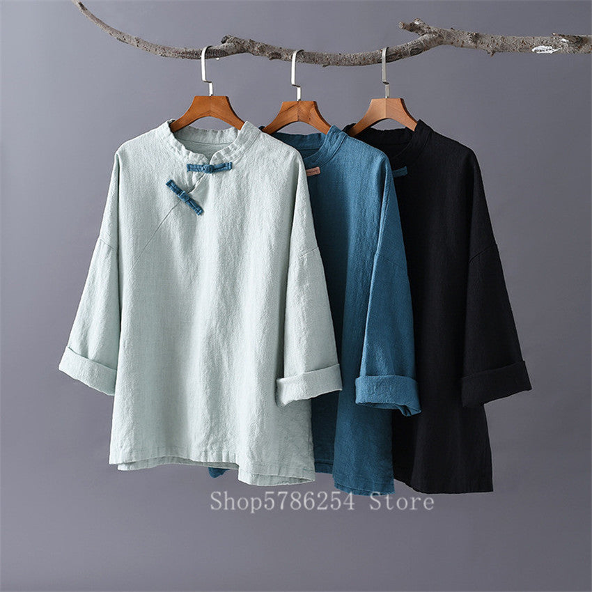 New Chinese Vintage Blouse Tops Women Linen Buckle Traditional Tang Suit Shirt Vintage Female Long Sleeve Loose Splice Cheongsam