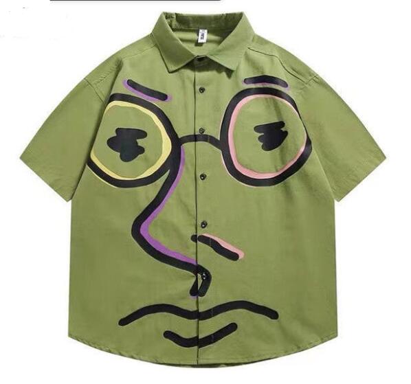Graffiti Print Half-Sleeved Shirts Men&#39;s Summer Loose Japanese Tide Brand Shirt Casual Five-Point Sleeve Shirt