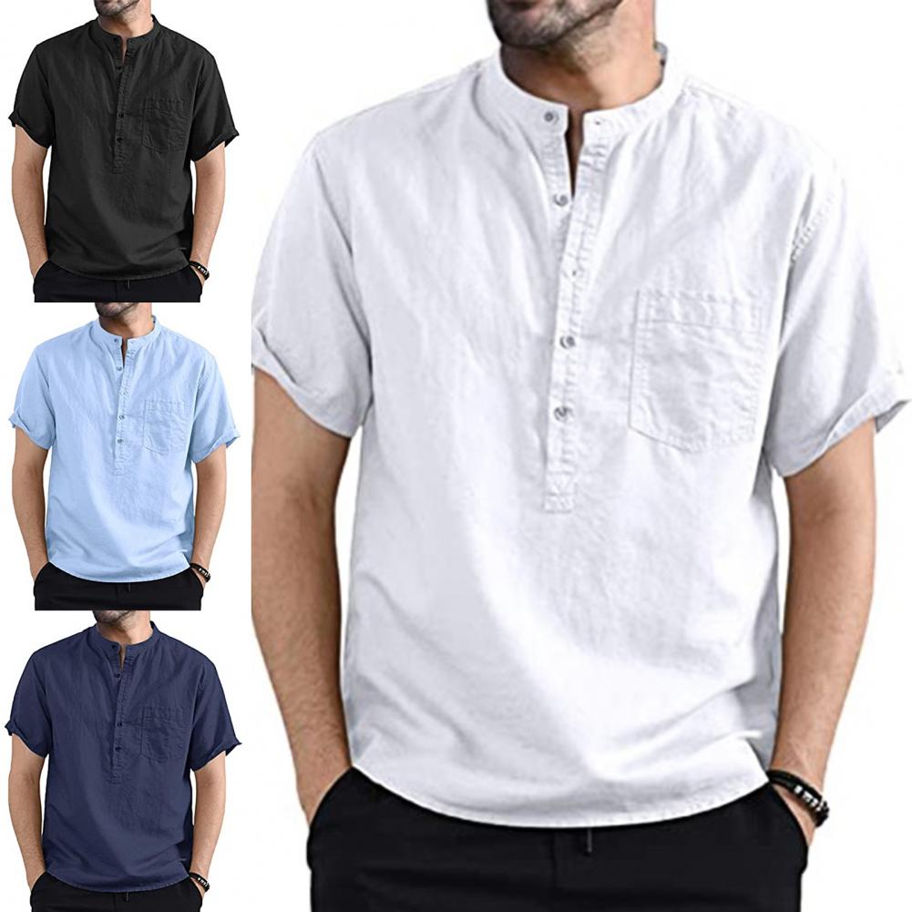Wear-resistant Men Shirt Loose Short Sleeve Shirt Stand Collar Solid Color Shirt Tops Solid Color