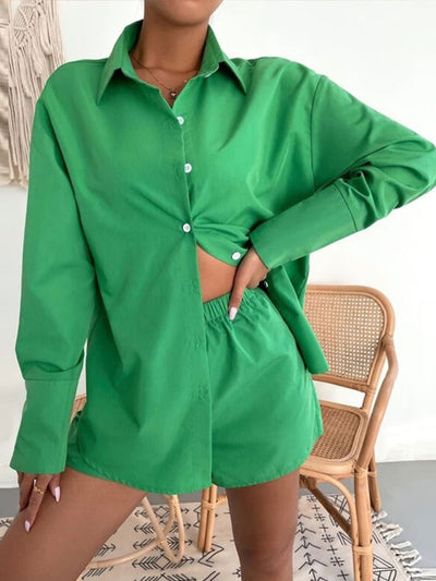 Women Solid Color Loose Shirt Short 2 Piece Sets Lady Casual Long Sleeve Blouse And Shorts Suits 2022 Summer Female Outfits