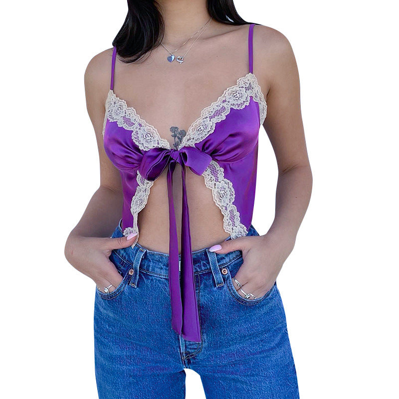 Sexy Lace Crop Top Satin Sling V Neck Crop Top Summer Suspenders Tank Sleeveless Vest Free Shipping Women&#39;s Underwear