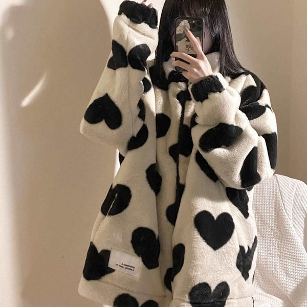 Reversible Wear Thicked Lamb Wool Coat Women Autumn Winter Korean Loose Heart Print Jackets Harajuku Simple New 2022