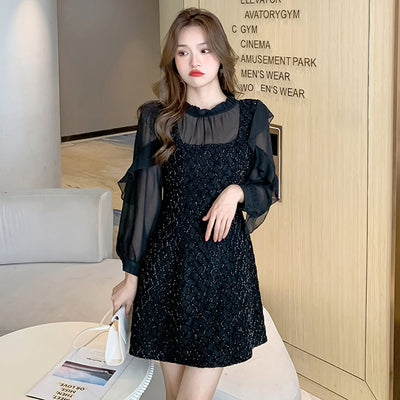 Patchwork Mesh Hollow Out Sexy Club Mini Dress Spring Autumn Korean Black Vintage Women Dress 2022 Elegant Bodycon Party Vestido