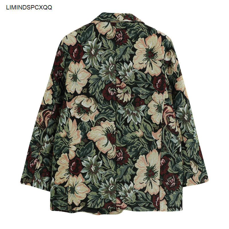 2021 Autumn Winter Korean Suits Blazers Fashion Floral Print Vintage Blazer Loose Casual Coat Long Pocket Outwear Female Jacket