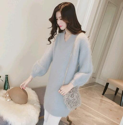 Women's Mohair Sweater Long Velvet Long Lantern Sleeved Wool Pullover Dress V-Neck Knitted Shirts Tops Sweaters 2021 Winter