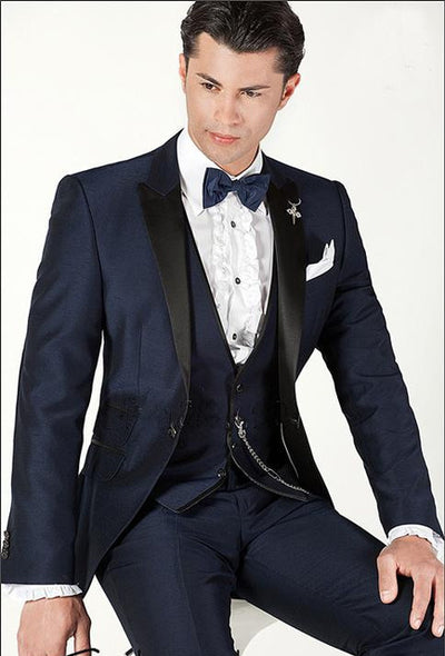 Dark Blue Groom Tuxedos Bridegroom Men Suits For Wedding Slim Fit Tailoring 3Pieces Blazer Trousers Party Wear Jacket+Pants+Vest