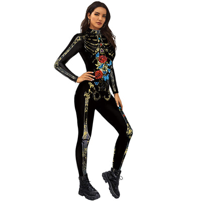 Ladie Scary Skull Bronzing Print Halloween Jumpsuit Women Suit Long Sleeved Black Stretch Tights Party Performance Costumes 2022
