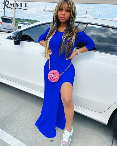 RMSFE 2021 New Sport Fashion Mujer Party O-neck Soild Long Sleeve Slim Dresses Sexy Straight Lady Casual Elegant Dress